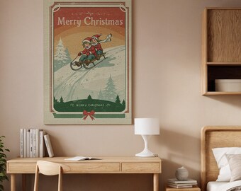 Vintage Christmas Framed Canvas, Retro Children Sledding Art