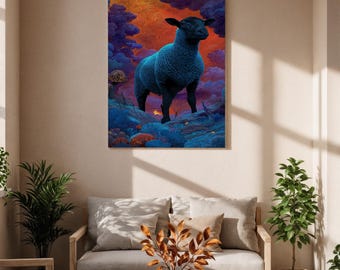 Blaues Schaf gerahmte Leinwand, surreale Tierkunst, Traumlandschaft