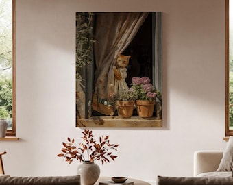 Vintage Cat Framed Canvas, Cozy Cottage Window Art