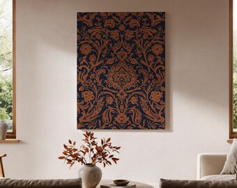 Vintage damast ingelijste canvaskunst, marineblauw koperen bloemmotief