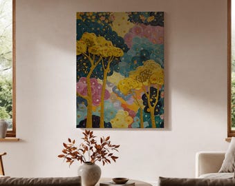 Abstract Spiral Forest Framed Canvas, Colorful Modern Tree Wall Decor