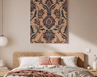 Ingelijste damast canvaskunst, beigeblauw decoratief textieldecor