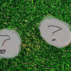 May include: Two grey, oval stones, each bearing a drawn question mark, are set against a backdrop of bright green artificial turf. The stones have a slightly blurred, hazy outline.