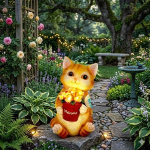 May include: A charming orange cat garden statue holding a red flower pot with the word "Welcome" on it. The cat is illuminated and sits on a stone in a lush garden setting with a stone pathway and a bird bath.