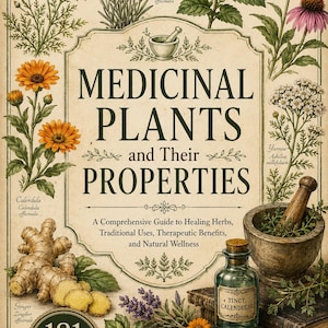 Può includere: Una guida digitale intitolata Medicinal Plants and Their Properties con illustrazioni botaniche di camomilla, lavanda, menta, echinacea, calendula, achillea e zenzero. Include un mortaio, una boccetta di tintura e libri antichi.