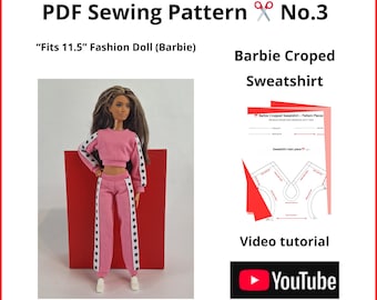 Cartamodello PDF per felpa corta Barbie / Tutorial di cucito per vestiti per bambole