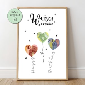 Puede incluir: Una impresión enmarcada con las palabras "Wunsch Erfüller" y "Happy Birthday". La obra de arte presenta tres globos en forma de corazón hechos de billetes en euros. La impresión incluye los números 10 y 20, y la palabra "Birthday".