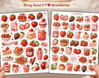 Strawberry Sticker Sheet Bundle, Kawaii Dessert, Planner, Summer Berry Stickers, Journal Stickers, Scrapbook Decals