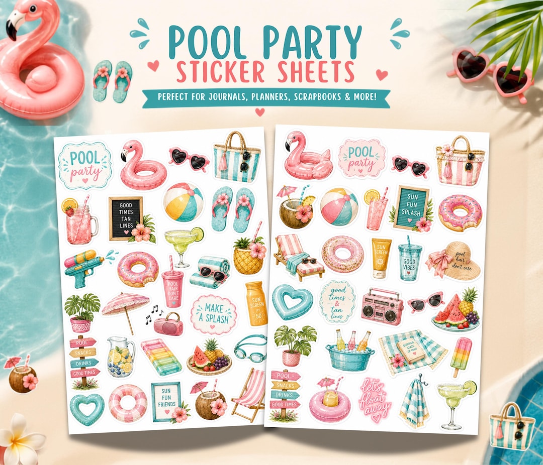 Pool Party Sticker Sheets, Summer Stickers, Beach Stickers, Vacation ...