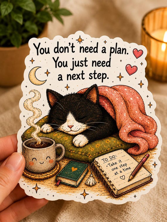 Motivational Cat Sticker, Cozy Coffee, Positive Quote, Mental Health Decal