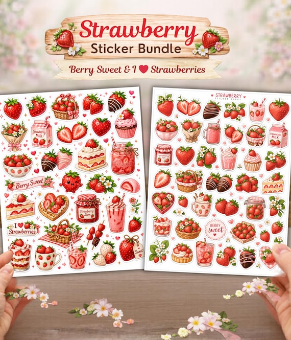 Strawberry Sticker Sheet Bundle, Kawaii Dessert, Planner, Summer Berry Stickers, Journal Stickers, Scrapbook Decals