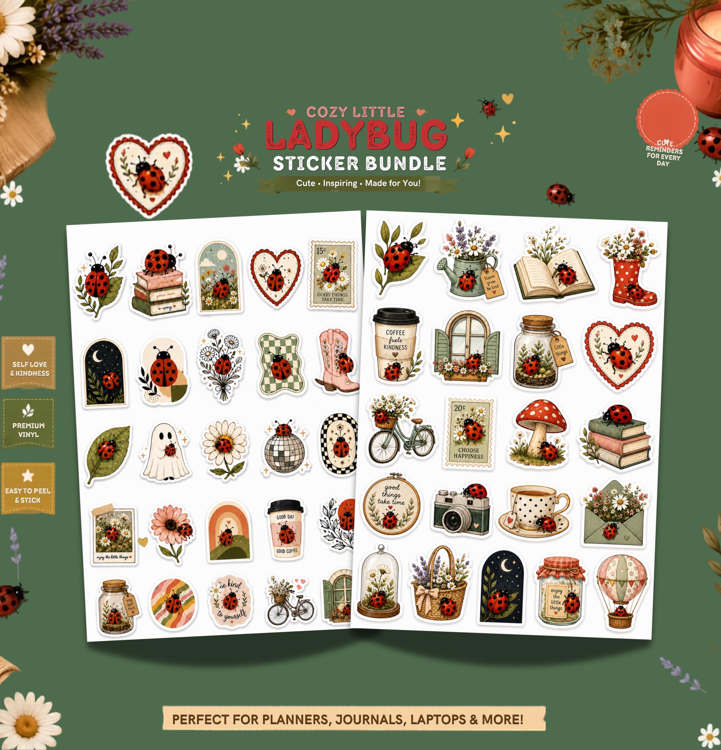 Ladybug Sticker Pack, Cottagecore Sticker Bundle, Cute Ladybug Stickers ...