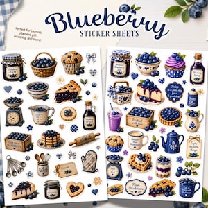 May include: Two sticker sheets with blueberry-themed illustrations. The stickers depict blueberry jam, pies, muffins, syrup bottles, and other blueberry-related items. The text "Blueberry Sticker Sheets" is displayed in a decorative font.