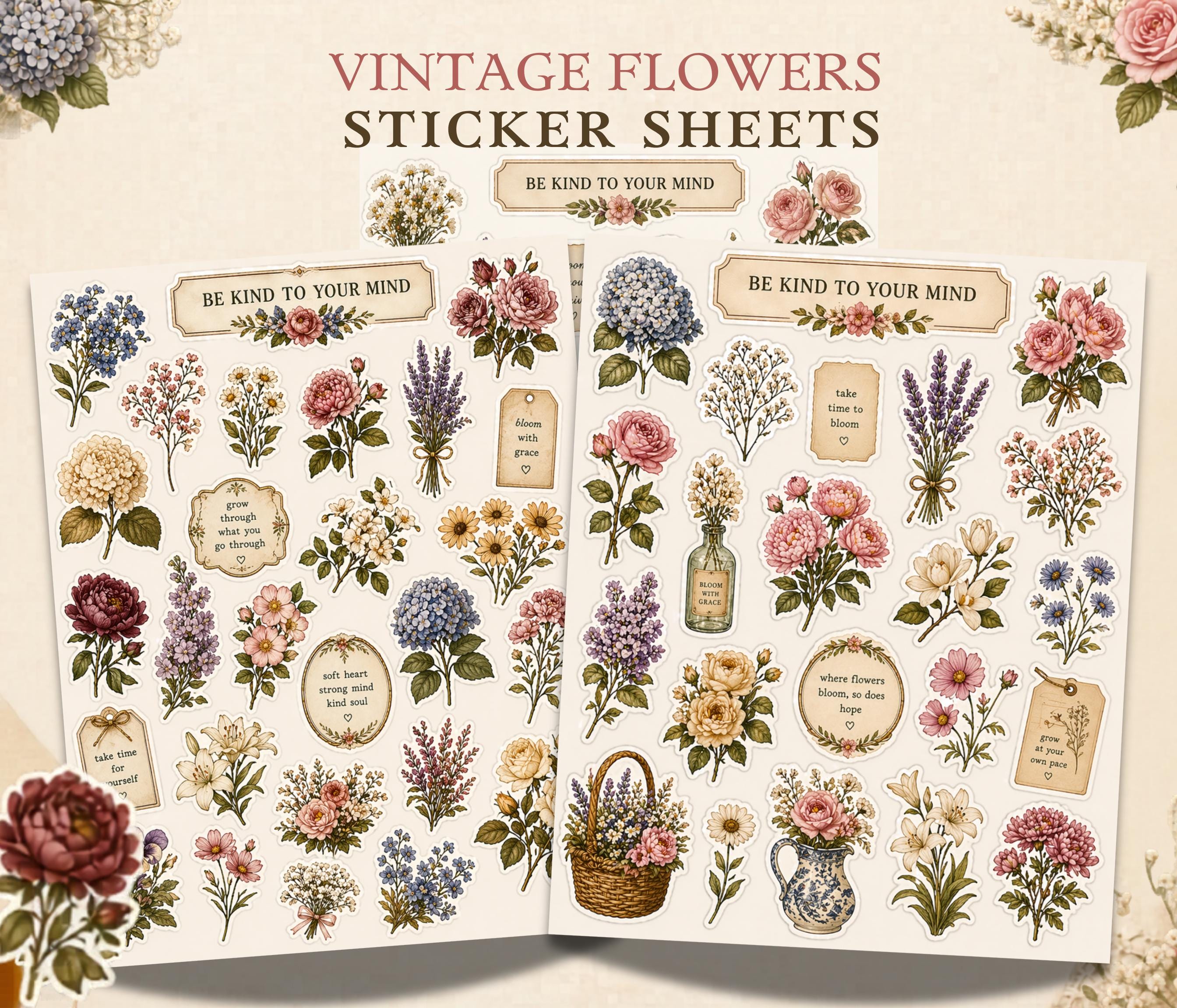 Flower Stickers Pack, Botanical Journal Decor, Cottagecore Planner ...