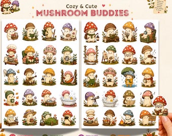 Fogli di adesivi "Amici Funghi", vinile kawaii stravagante, decorazione cottagecore a tema forestale.