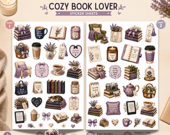 May include: Two sticker sheets with a cozy book lover theme. The stickers feature illustrations of books, coffee cups, candles, armchairs, and lavender sprigs. The text "COZY BOOK LOVER" and "STICKER SHEETS" are at the top.