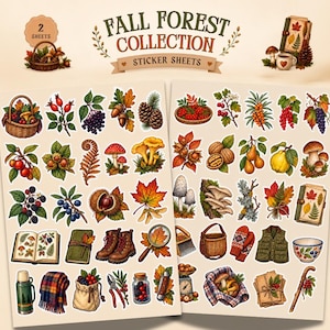 May include: Two sticker sheets titled Fall Forest Collection featuring illustrations of autumn items including mushrooms, berries, pinecones, acorns, leaves, a basket, a magnifying glass, hiking boots, a thermos, a plaid blanket, and a vest.