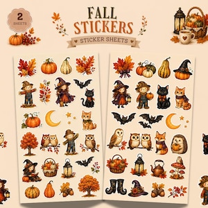 May include: Two sheets of autumn-themed stickers featuring illustrations of pumpkins, autumn leaves, scarecrows, witches, black cats, bats, owls, foxes, hedgehogs, lanterns, and mushrooms. The text FALL STICKERS and STICKER SHEETS is printed at the top.