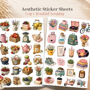 May include: Two sheets of aesthetic stickers featuring illustrations of food, flowers, and other decorative items. The stickers include text that reads "Aesthetic Sticker Sheets" and "Cozy & Beautiful Everyday."