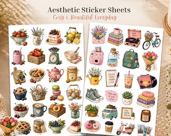 Pacchetto di adesivi colorati in stile cottagecore accogliente, per lifestyle, journaling e decorazioni per agende.