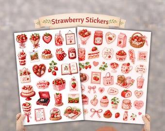 Set di adesivi a tema fragole, dolci kawaii, adesivi per agenda in stile cottagecore