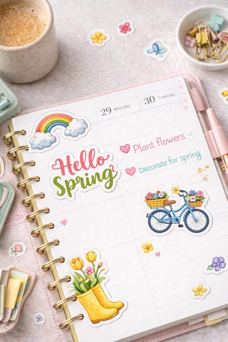 Spring Garden Stickers, Planner Decals, Floral & Bunny Art, Summer ...