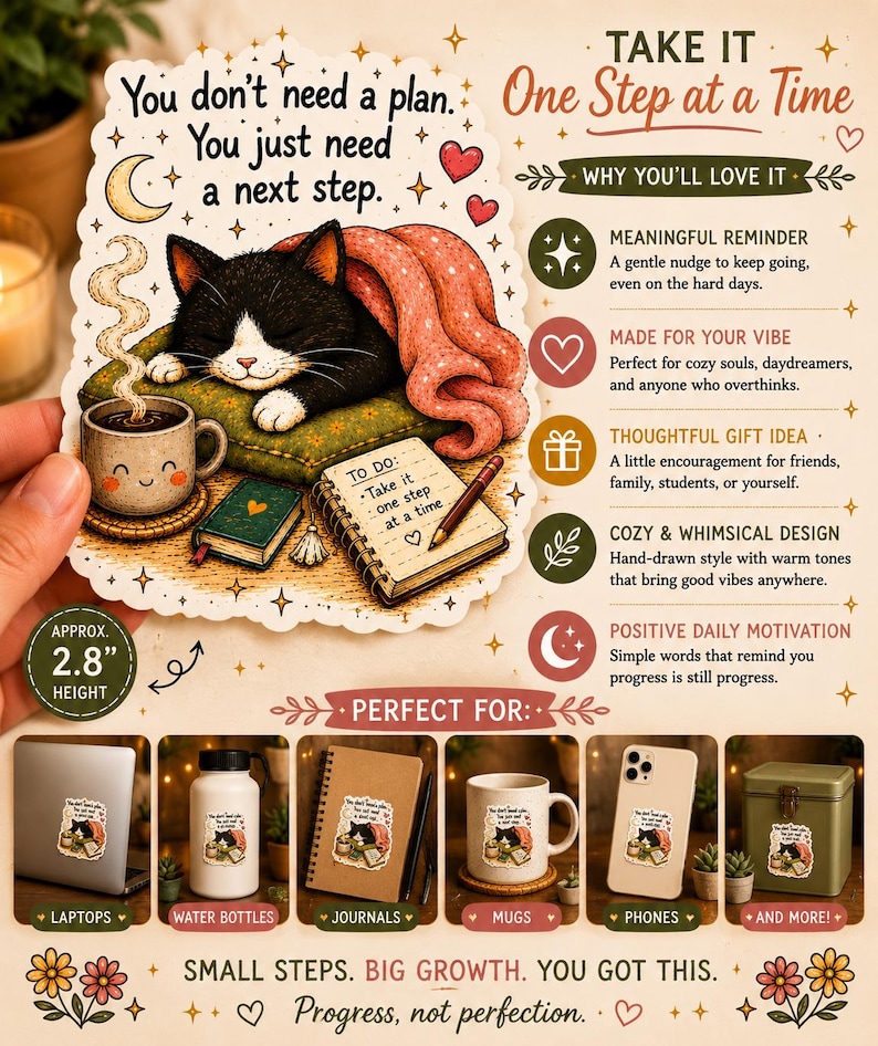 May include: A sticker featuring a black and white cat sleeping under a pink blanket, with a coffee cup and notebook. The sticker is approximately 2.8 inches in height. Text includes "You don't need a plan. You just need a next step."