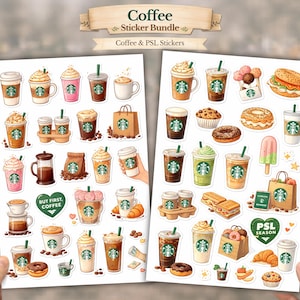 May include: A sticker bundle featuring two sheets of coffee-themed illustrations. The stickers include various iced and hot coffee drinks in cups with green logos, pastries, doughnuts, sandwiches, coffee bags, and heart-shaped text labels reading But First Coffee and PSL Season.