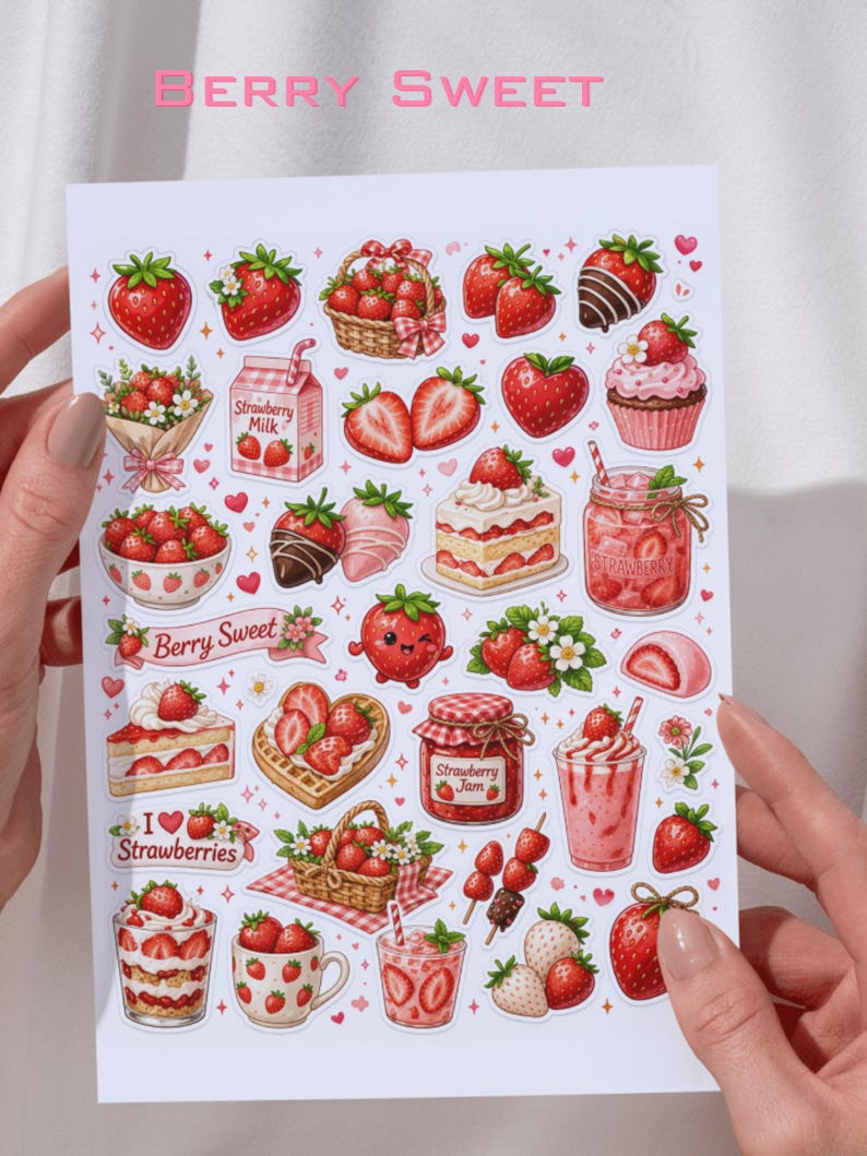 Pu&ograve; includere: Un foglio di adesivi con varie illustrazioni a tema fragola, tra cui bacche fresche, un cestino, latte alla fragola, cupcake, torte, marmellata, waffle e bevande. Il testo BERRY SWEET, I LOVE Strawberries e Strawberry Jam &egrave; stampato.