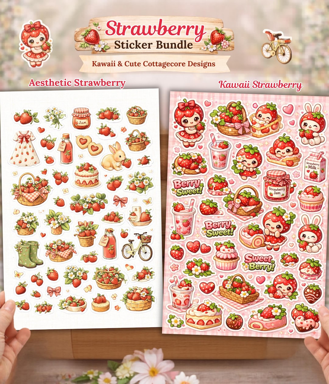 Strawberry Sticker Bundle, Kawaii Cottagecore Fruit Planner Journal ...