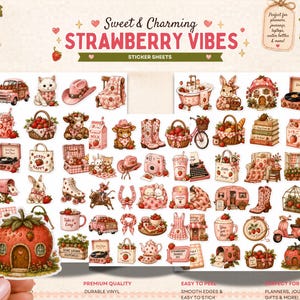 Pu&ograve; includere: Un foglio di adesivi a tema fragola con vari disegni, tra cui una casa a forma di fragola, un'auto rosa, un gatto, un cappello da cowboy e un giradischi. Il testo "Strawberry Vibes" &egrave; in alto. Gli adesivi sono facili da staccare e attaccare.