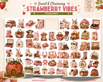 Foglio di adesivi a forma di fragola Kawaii Planner Rosa Estetica Quaderno Cottagecore Diario Adesivo Retro Farmhouse Bujo Scrapbook Accessori