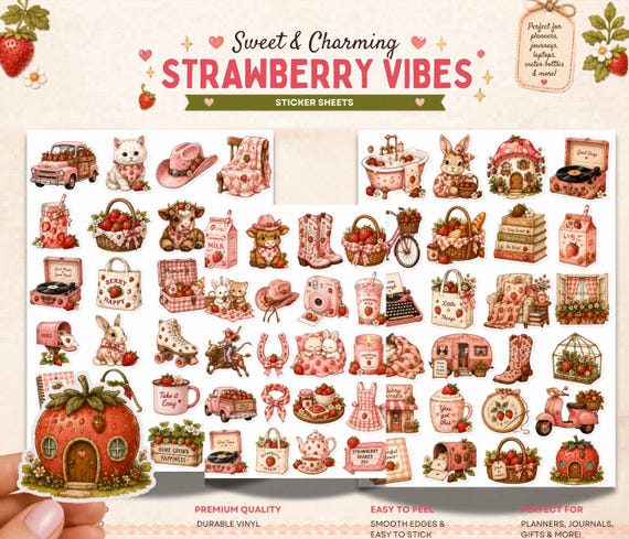 Strawberry Stickers Sheet Kawaii Planner Pink Aesthetic Notebook Cottagecore Journal Adhesive Retro Farmhouse Bujo Scrapbook Accessories