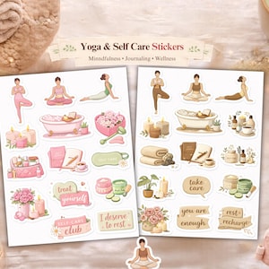 Può includere: Due fogli di adesivi con illustrazioni di pose yoga, scene di bagno, candele e articoli per la cura di sé. Il testo include "Yoga & Self Care Stickers", "treat yourself", "Self Care Club", "I deserve to rest", "take care", "you are enough" e "rest recharge".