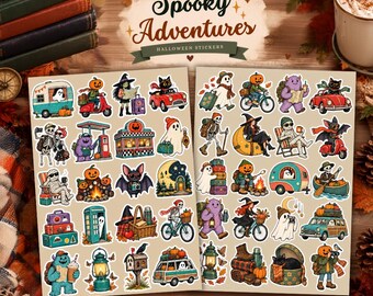 Halloween Sticker Sheets, Spooky Adventure Stickers, Cute Ghost Stickers, Fall Camping Stickers, Autumn Journal Planner Scrapbook Stickers