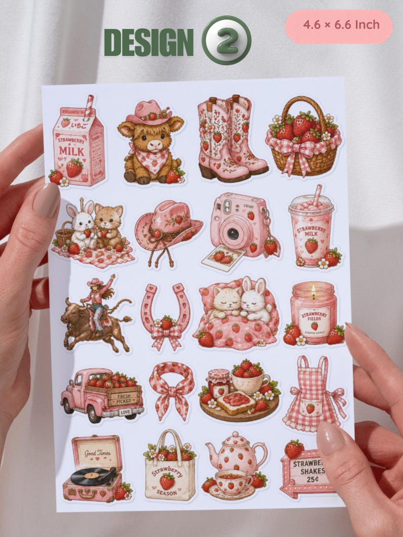 Pu&ograve; includere: Un foglio di adesivi con illustrazioni a tema fragola. I disegni includono un cartone di latte alla fragola, un vitello cowgirl, stivali da cowboy, un cestino di fragole, una fotocamera e un frapp&egrave; alla fragola. Il foglio misura 11,68 cm x 16,76 cm.