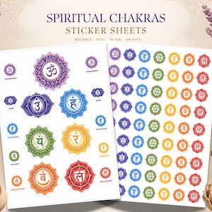 May include: Two sticker sheets with colorful chakra designs. The sheets feature the words "SPIRITUAL CHAKRAS STICKER SHEETS" and the words "BALANCE HEAL ALIGN AWAKEN". Each chakra is represented by a unique symbol and color, including purple, blue, green, yellow, orange, and red.