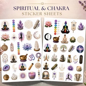 May include: Two sticker sheets with spiritual and chakra-themed designs. The stickers feature illustrations of lotus flowers, crystals, yoga poses, and the text "Spiritual & Chakra Sticker Sheets". The color palette includes purple, gold, and blue.