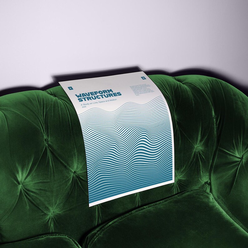 May include: A white poster with the title "WAVEFORM STRUCTURES" and blue wave pattern is displayed on a dark green velvet couch. The poster is a study on line, space, and motion. The couch has a tufted design.