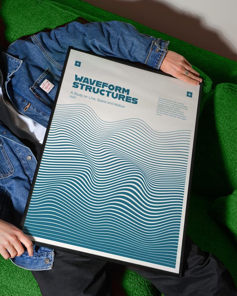 May include: A framed poster with the title "WAVEFORM STRUCTURES" and the subtitle "A Study on Line, Space and Motion". The poster features a teal and white wavy line design. The poster is held by a person wearing a denim jacket.