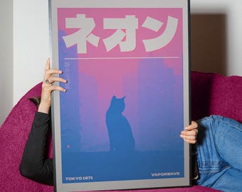 Neon Skyline Cat – Vaporwave Style Urban Poster, Retro Japanese Art (Digital Download)