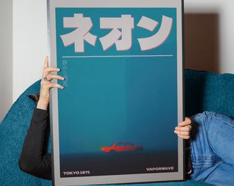 Neon Midnight Drive – Vaporwave Style Car Poster, Retro Japanese Art (Digital Download)
