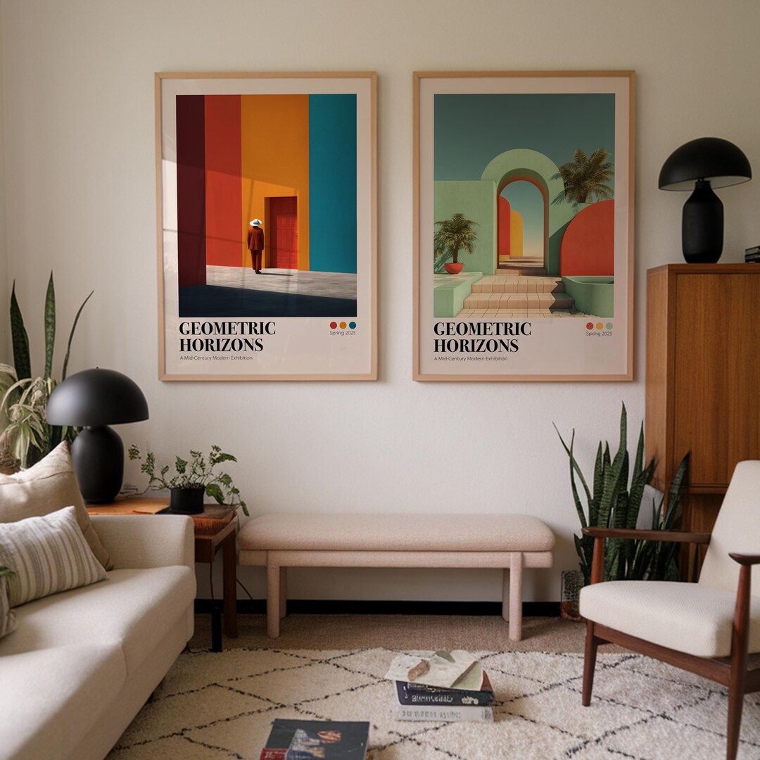 Set of 2 Prints, Bold Color Block, Turquoise Poster, Geometric Horizons ...
