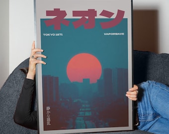 Tokyo Red Sun – Vaporwave Japanese Skyline Poster, Retro Lo-Fi Night Art (Digital Download)