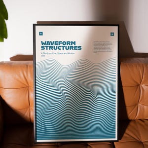 May include: A framed poster titled "Waveform Structures" with a teal and white wavy design. The poster includes the text "A Study on Line, Space and Motion 2025". The poster is displayed on a brown leather couch.