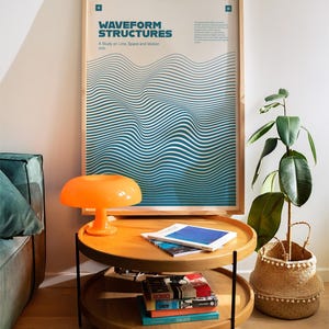 May include: A modern living room scene featuring a wooden two-tiered side table with an orange mushroom lamp. A framed poster with the text "WAVEFORM STRUCTURES" hangs on the wall. A potted plant and a teal sofa are also visible.