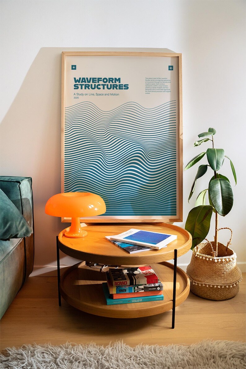 May include: A modern living room scene featuring a wooden two-tiered side table with an orange mushroom lamp. A framed poster with the text "WAVEFORM STRUCTURES" hangs on the wall. A potted plant and a teal sofa are also visible.