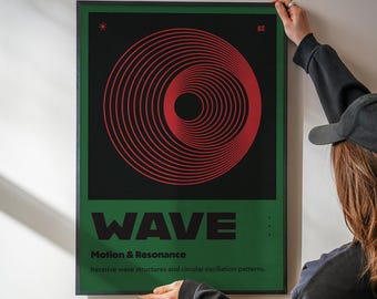 Pôster de Oscilação de Onda – Arte Circular Retrô Vermelha (Download Digital)