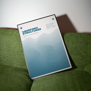 May include: A framed poster titled "WAVEFORM STRUCTURES" with a teal and white wave design. The poster is on a green couch. The text below the title reads "A Study on Line, Space and Motion 2020".