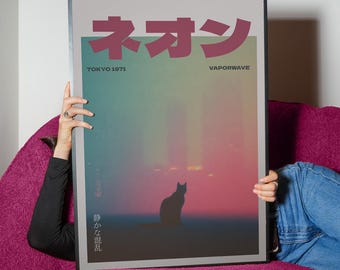 Neon Tokyo Cat – Vaporwave Silhouette Poster, Retro Japanese Night Art (Digital Download)